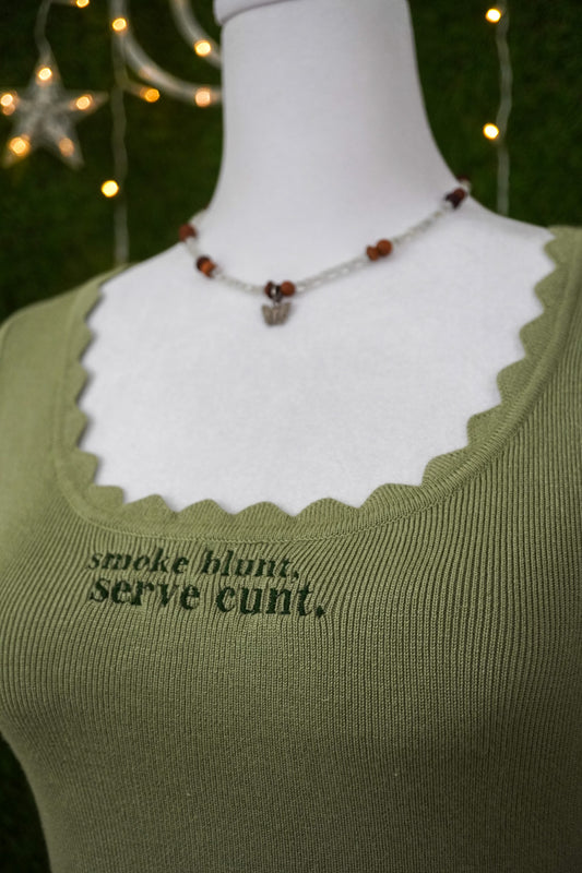 Smoke Blunt Green Scalloped Edge Cropped Baby Tee S