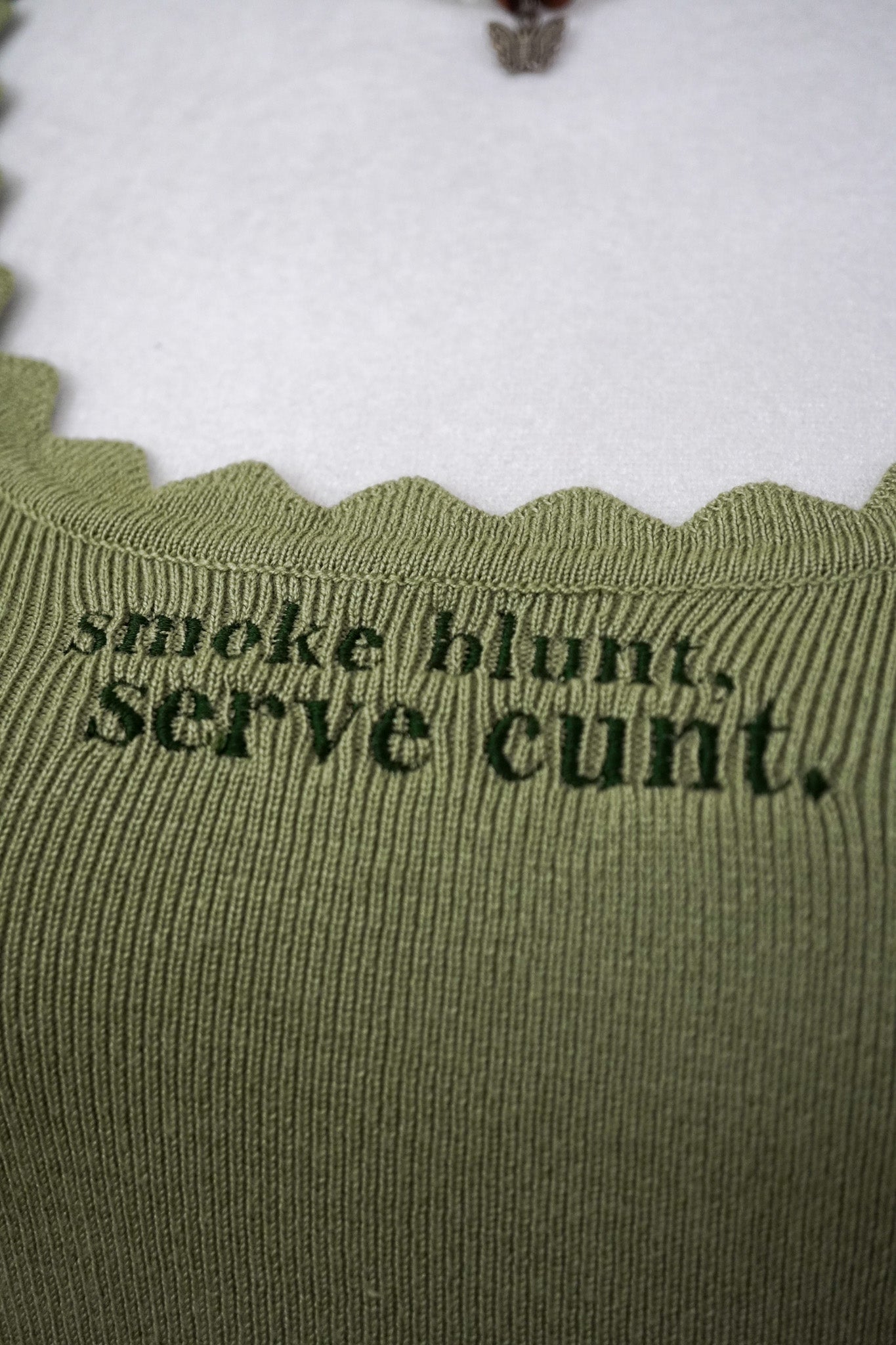 Smoke Blunt Green Scalloped Edge Cropped Baby Tee S