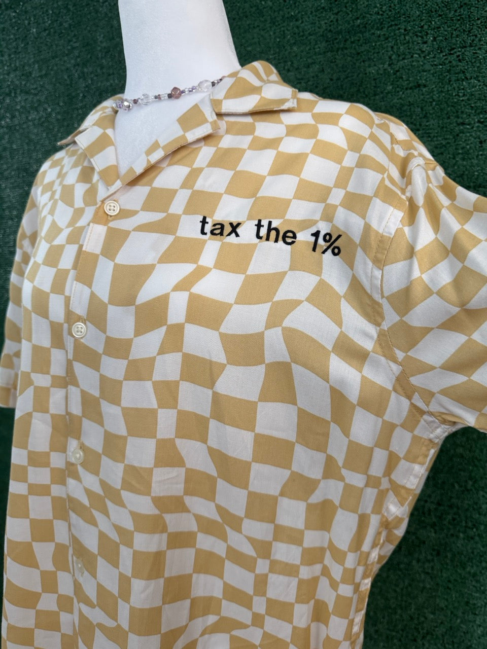 Tax the 1% Yellow Checkered Button Up S