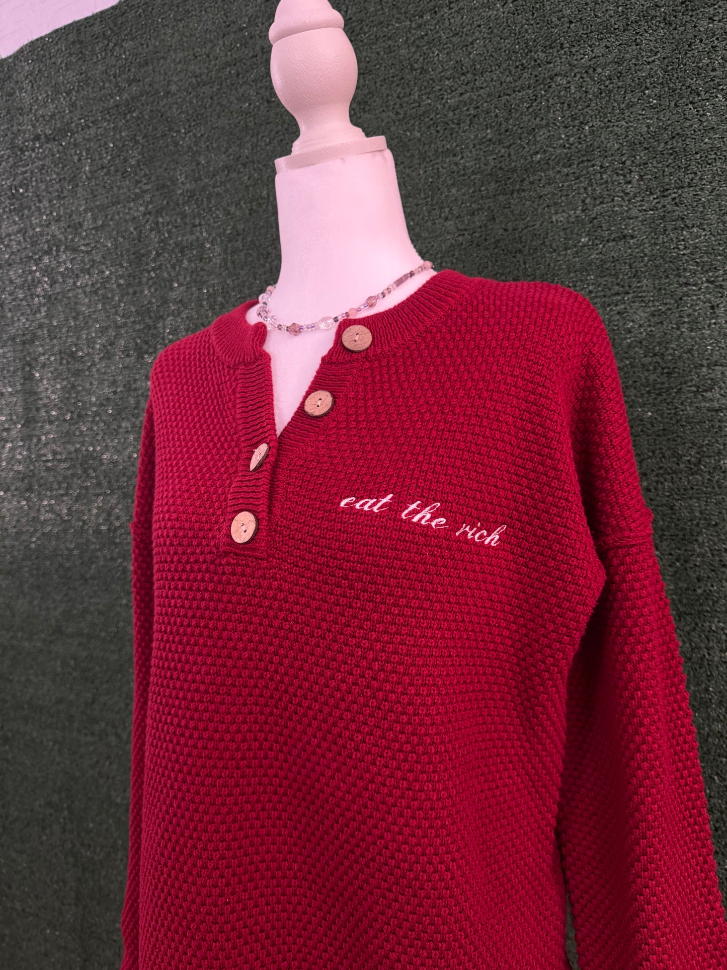 Eat the Rich Burgundy Button Up V-Neck Sweater M