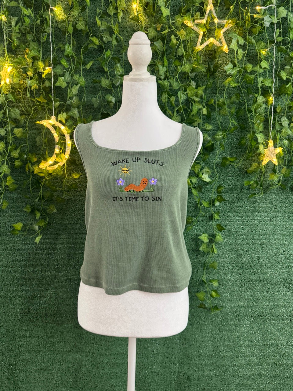 Silly Worm Green Ribbed Cropped Tank XL