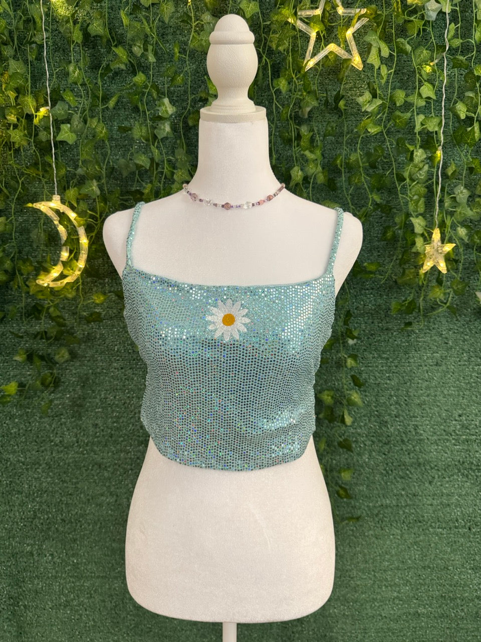 Daisy Blue Sparkle Cropped Tank with Back Tie S