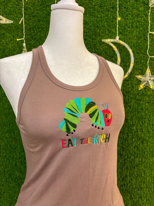 Eat the Rich Caterpillar Brown Tank Top M