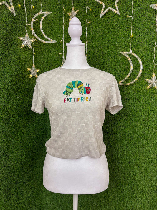 Eat the Rich Caterpillar Patterned Cropped Baby Tee L