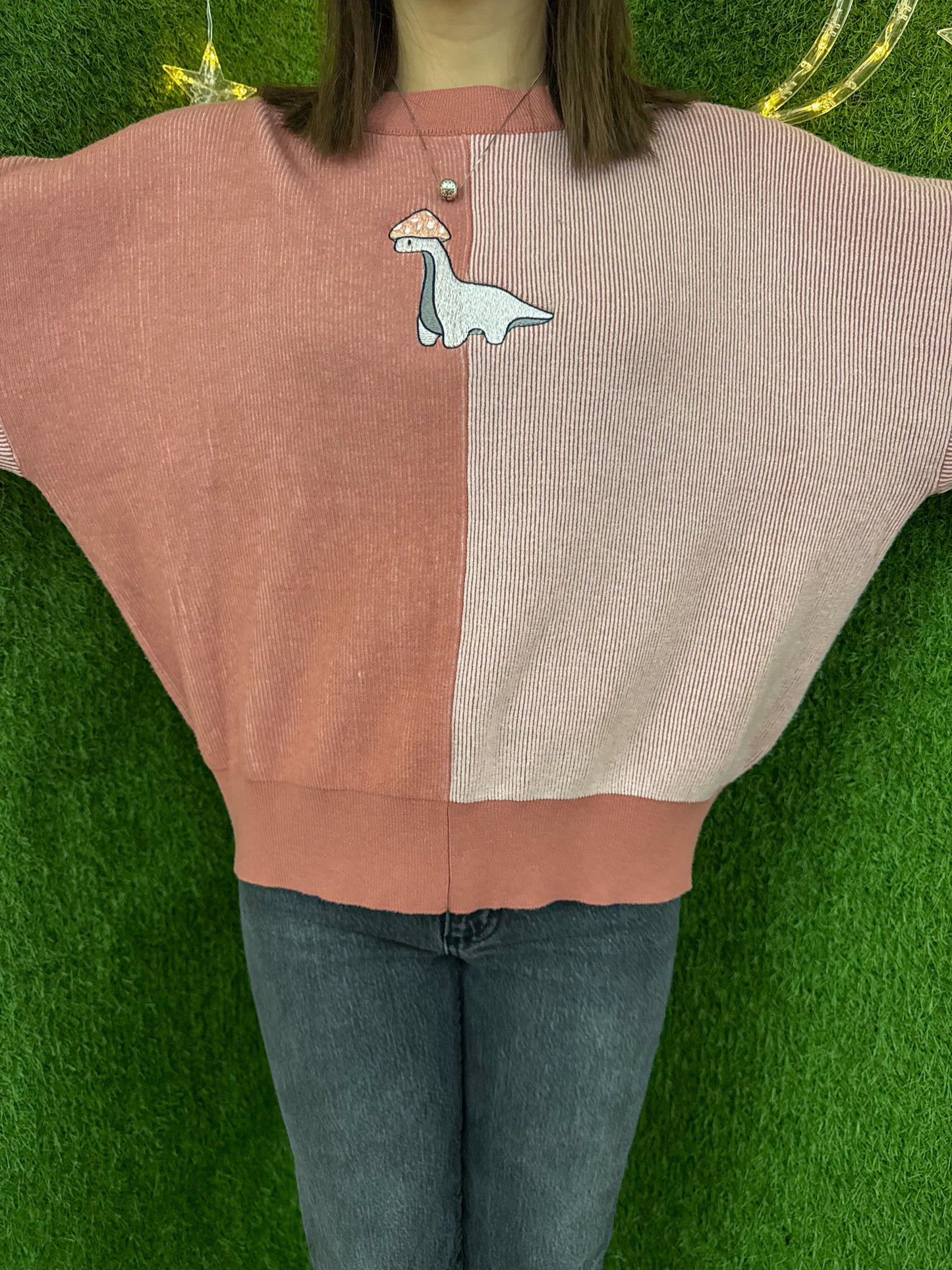 Mushroom Dino Pink Two Tone Sweater XL