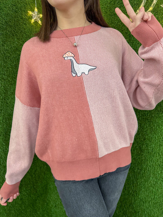 Mushroom Dino Pink Two Tone Sweater XL