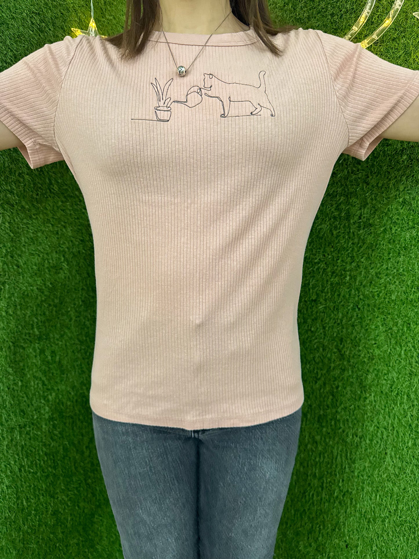 Plant Cat Pink Ribbed T-Shirt L