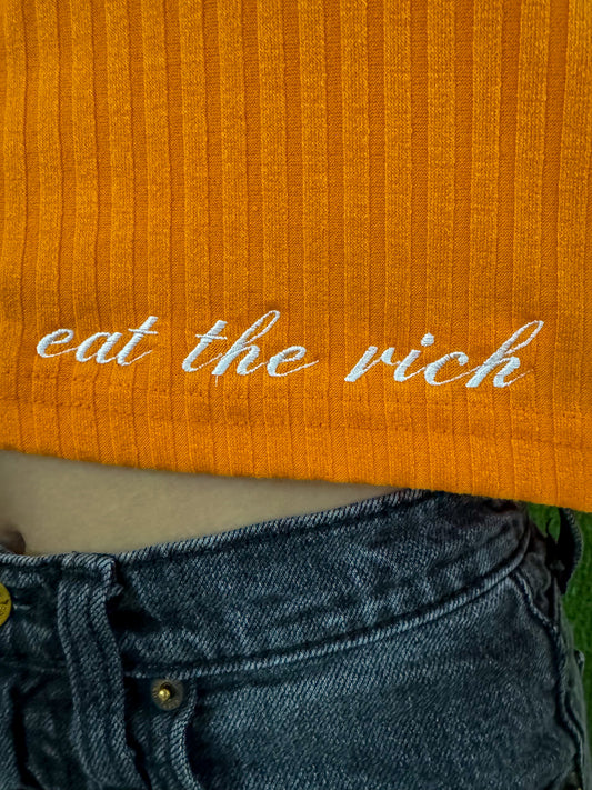 Eat The Rich Orange Cropped Long Sleeve with Pink Fuzzy Accents 2XL