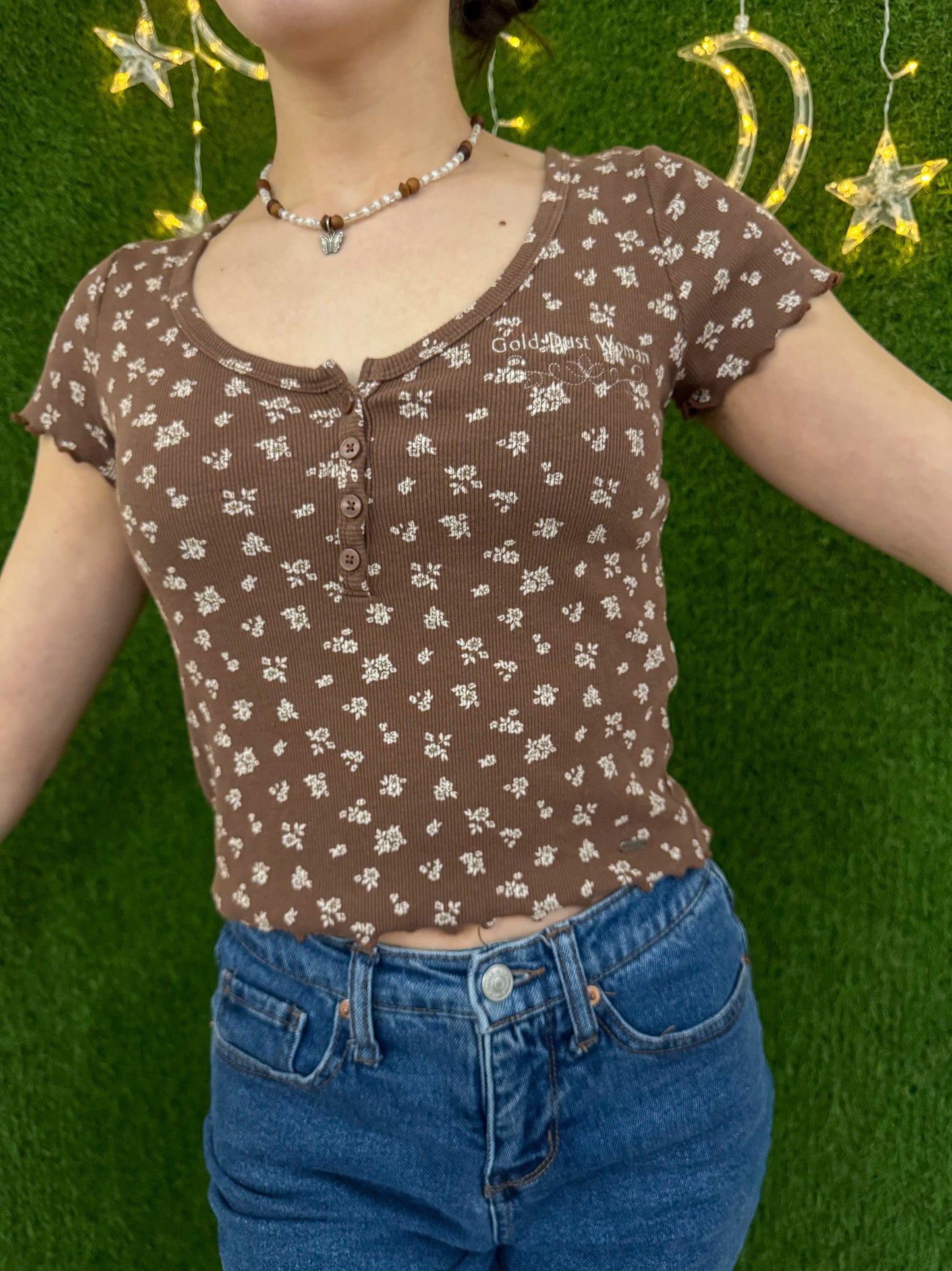 Gold Dust Woman Brown Floral Baby Tee S