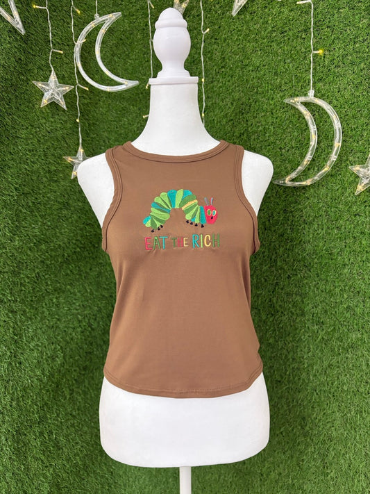 Eat the Rich Caterpillar Brown Tank Top L