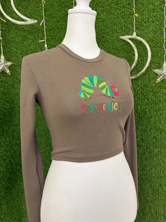 Eat the Rich Caterpillar Brown Cropped Long Sleeve M
