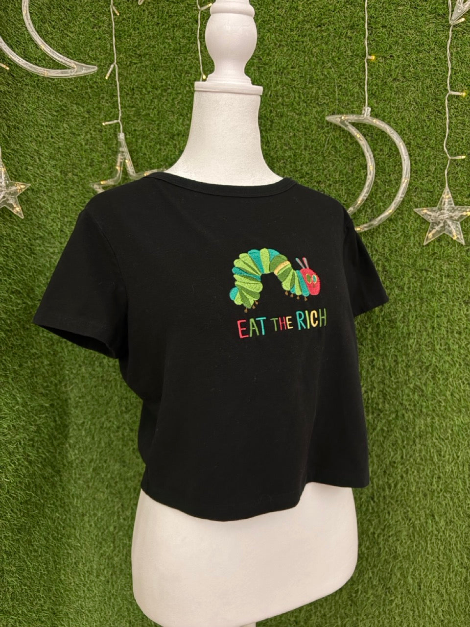 Eat the Rich Caterpillar Black Crop Top XL