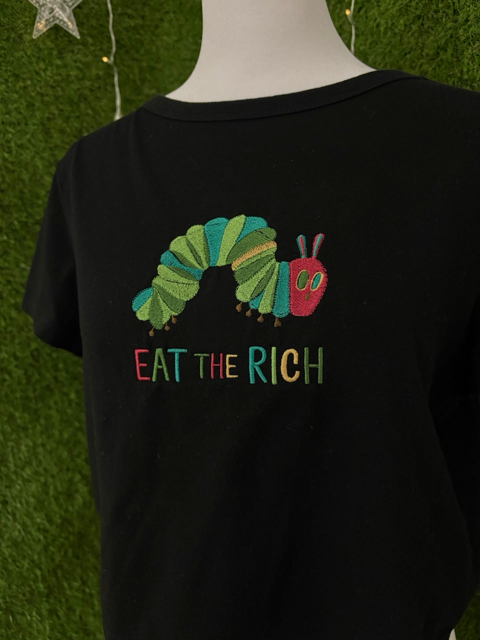 Eat the Rich Caterpillar Black Crop Top XL