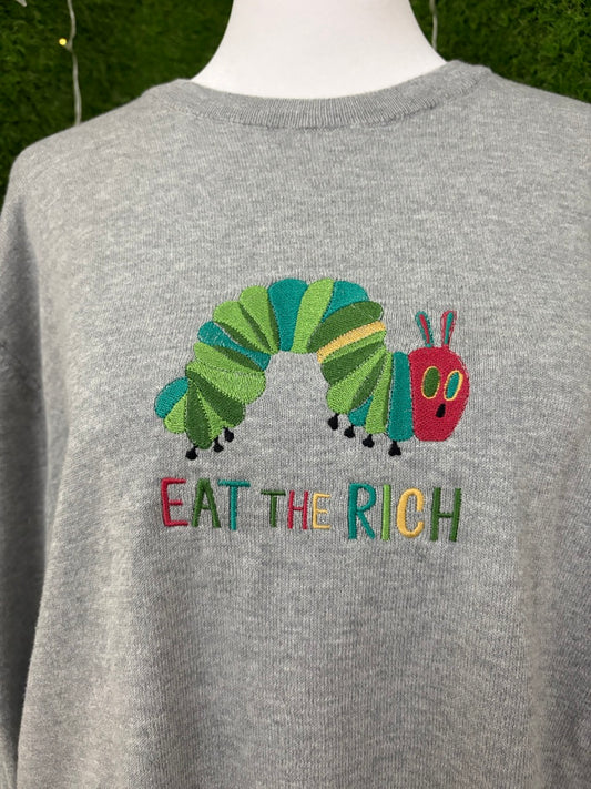 Eat the Rich Caterpillar Grey Long Sleeve Sweater L