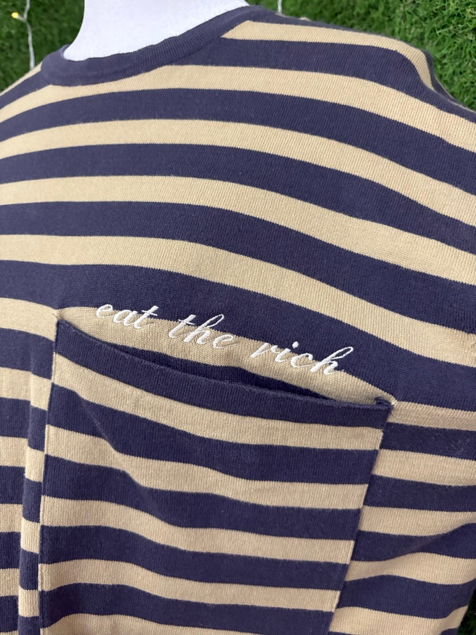 Eat the Rich Striped Pocket Tee M