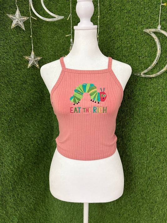 Eat the Rich Caterpillar Pink Tank Top S