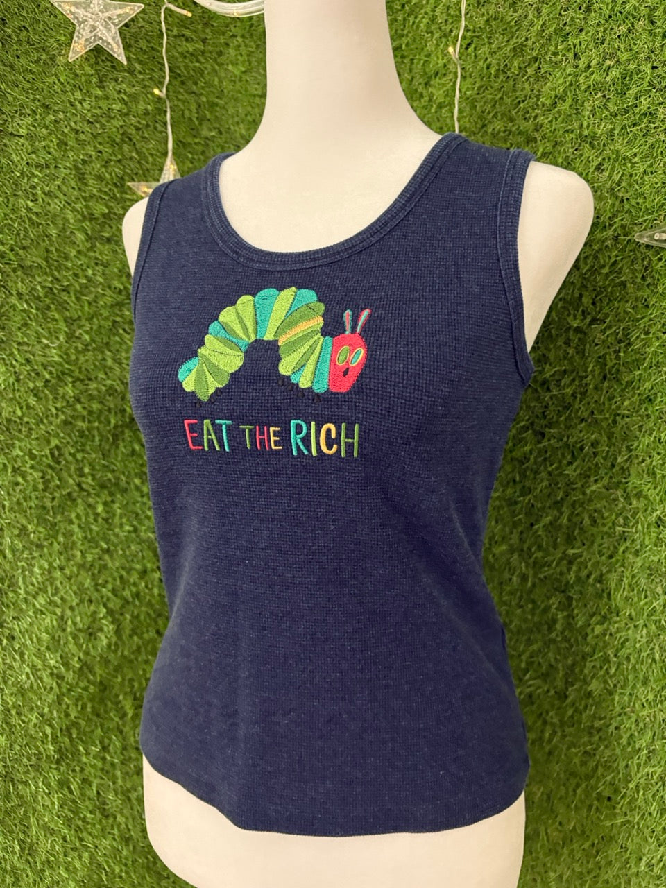Eat the Rich Caterpillar Blue Tank Top XS