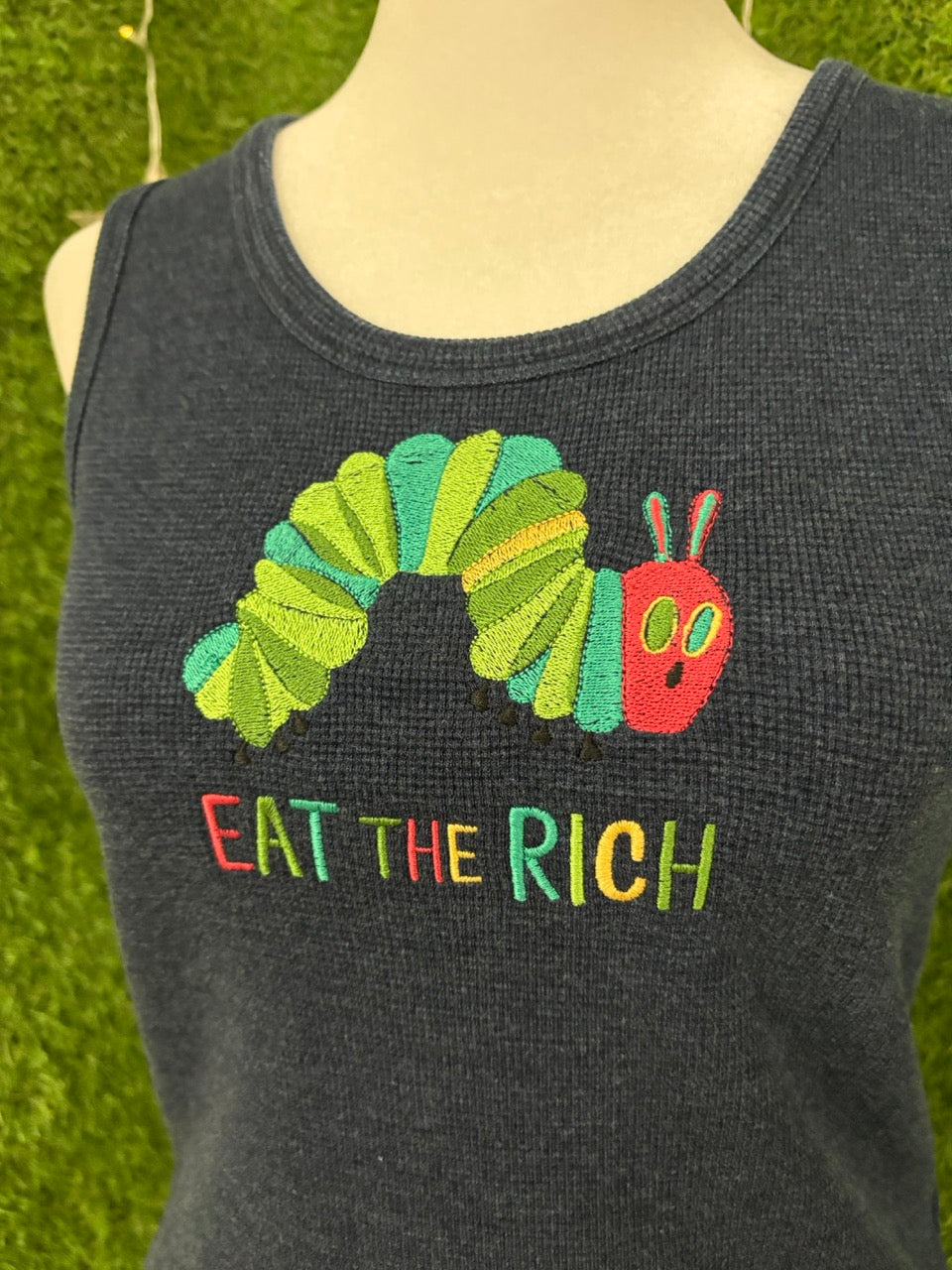 Eat the Rich Caterpillar Blue Tank Top XS