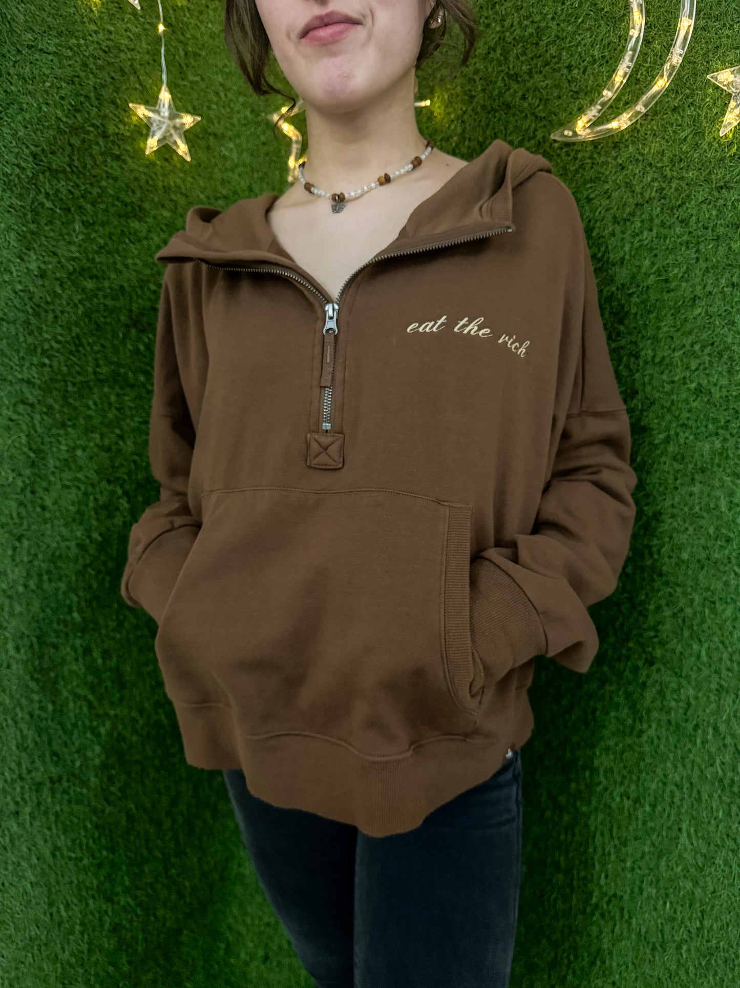 Eat the Rich Brown Cropped Quarter Zip Hoodie 2XL