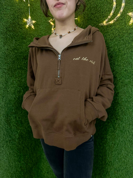 Eat the Rich Brown Cropped Quarter Zip Hoodie 2XL
