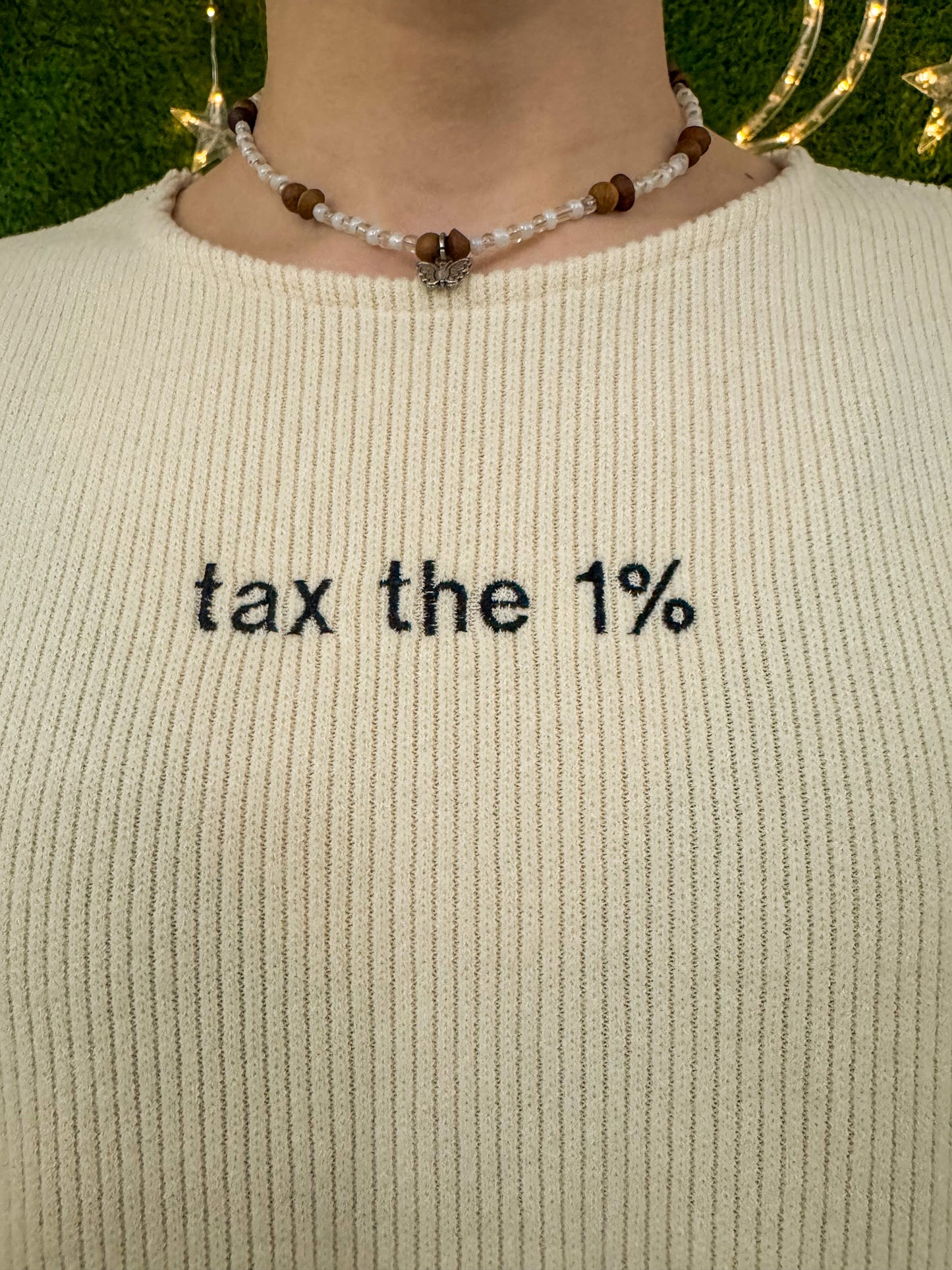 Tax the 1% Sparkle Fringe Cropped Long Sleeve M