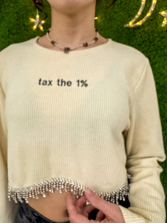 Tax the 1% Sparkle Fringe Cropped Long Sleeve M