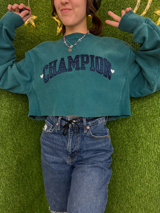 Champion with Little Hearts Teal Cropped Crewneck M