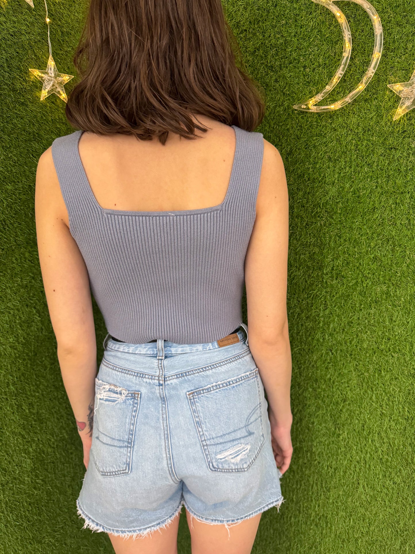 Flowers & Mushrooms Blue Ribbed Cropped Tank M