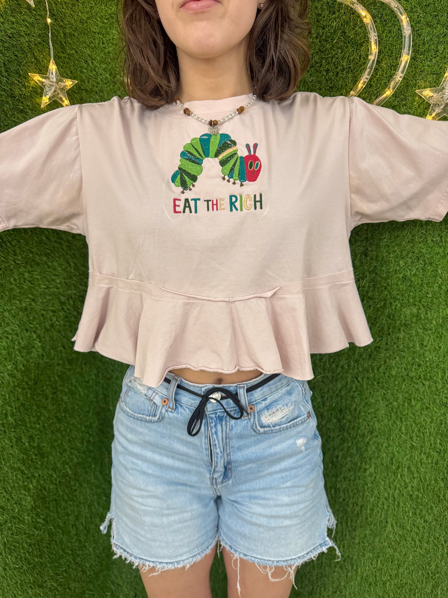 Eat The Rich Caterpillar Cropped Peplum Tee M