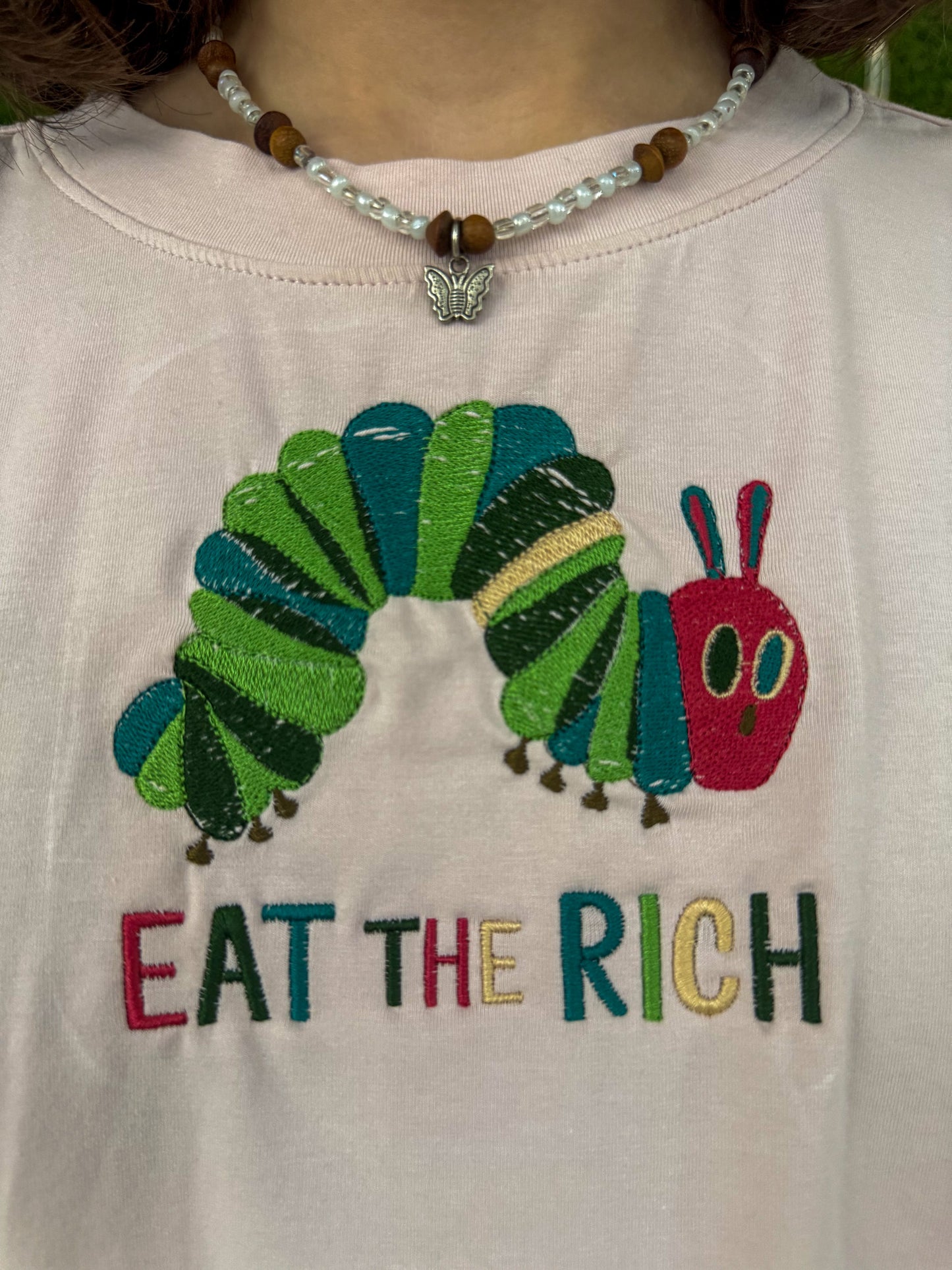 Eat The Rich Caterpillar Cropped Peplum Tee M