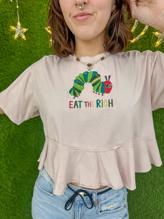 Eat The Rich Caterpillar Cropped Peplum Tee M