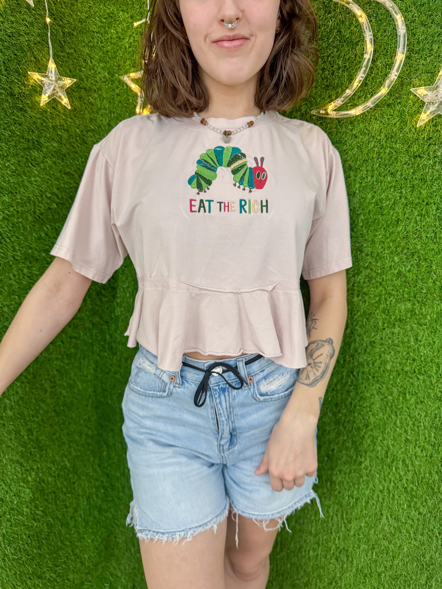 Eat The Rich Caterpillar Cropped Peplum Tee M