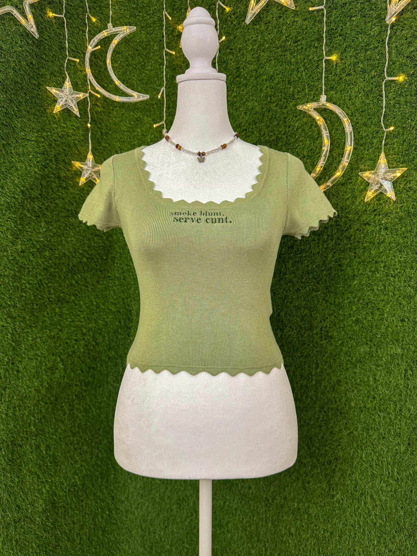 Smoke Blunt Green Scalloped Edge Cropped Baby Tee S