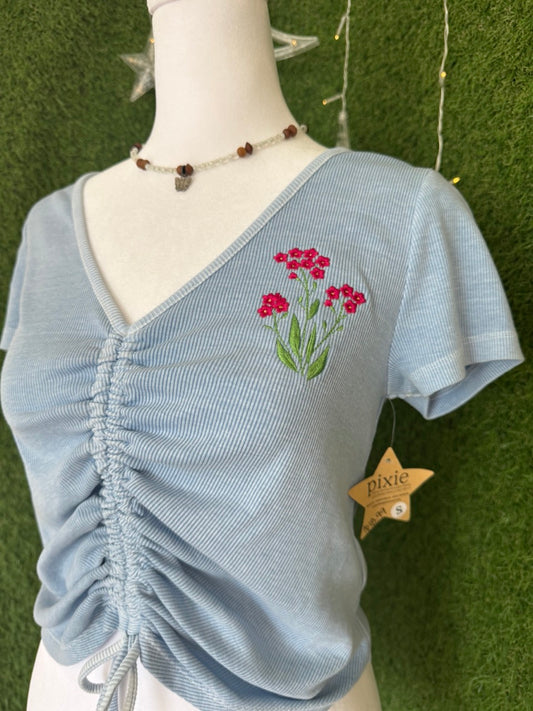 Little Flowers Cinched Front Blue Baby Tee S