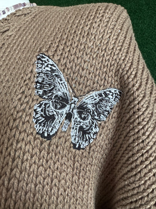 Skull Butterfly Brown Cardigan Sweater 2XL