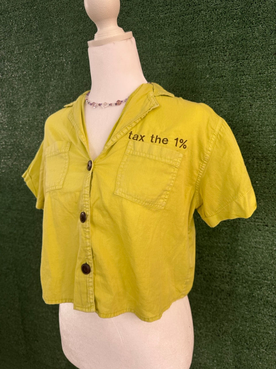 Tax the 1% Chartreuse Cropped Button Up XS