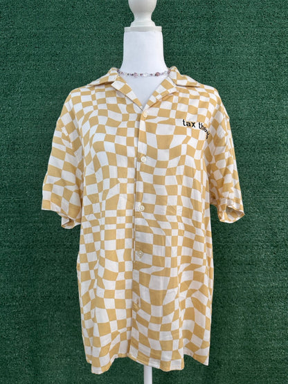 Tax the 1% Yellow Checkered Button Up S