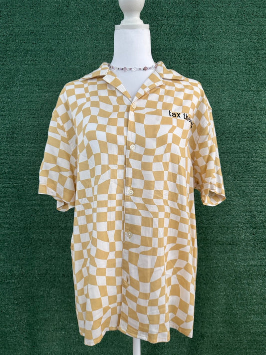 Tax the 1% Yellow Checkered Button Up S