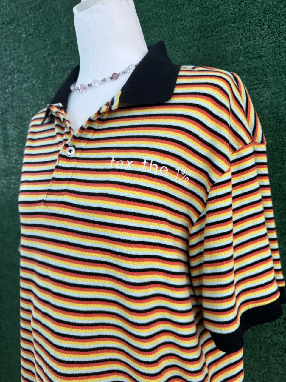 Tax the 1% Colorful Striped Polo Tee M