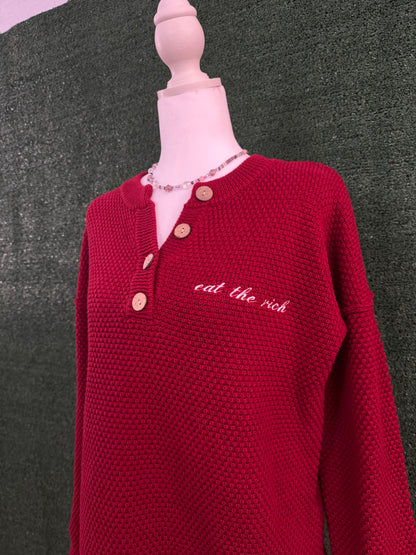 Eat the Rich Burgundy Button Up V-Neck Sweater M