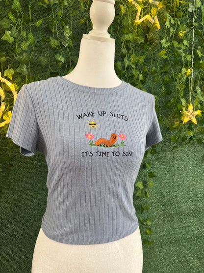 Silly Worm Blue Ribbed Baby Tee M
