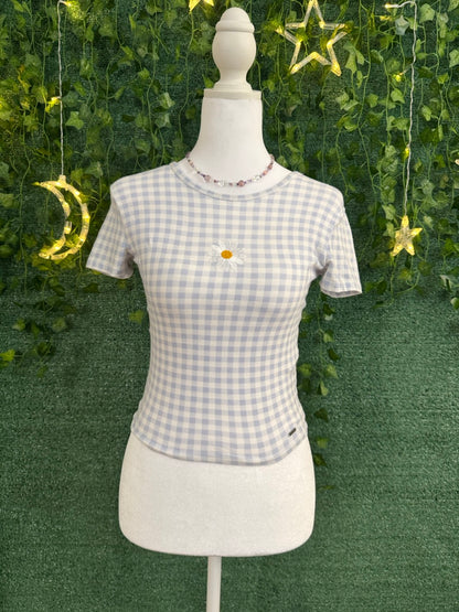 Daisy Light Blue Ghingam Baby Tee XS