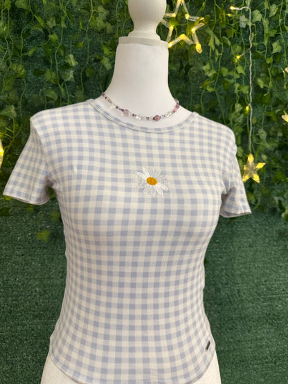 Daisy Light Blue Ghingam Baby Tee XS
