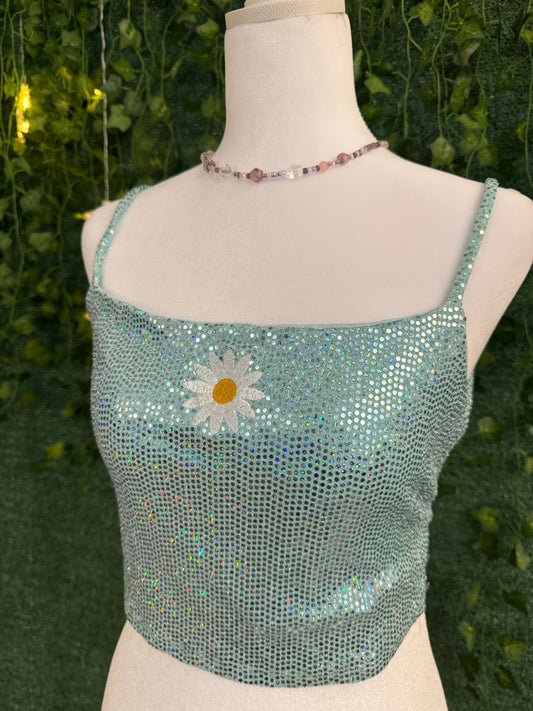 Daisy Blue Sparkle Cropped Tank with Back Tie S