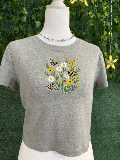 Bees & Flowers Grey Baby Tee M