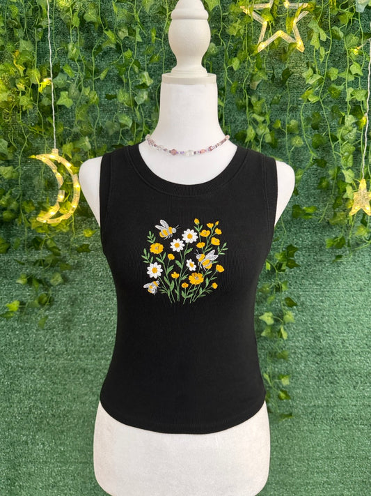 Bees & Flowers Black Ribbed Cropped Tank L