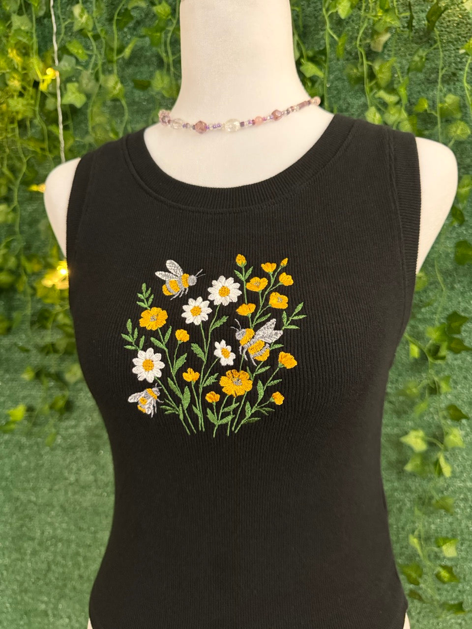 Bees & Flowers Black Ribbed Cropped Tank L