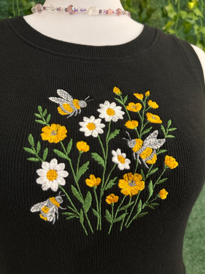 Bees & Flowers Black Ribbed Cropped Tank L