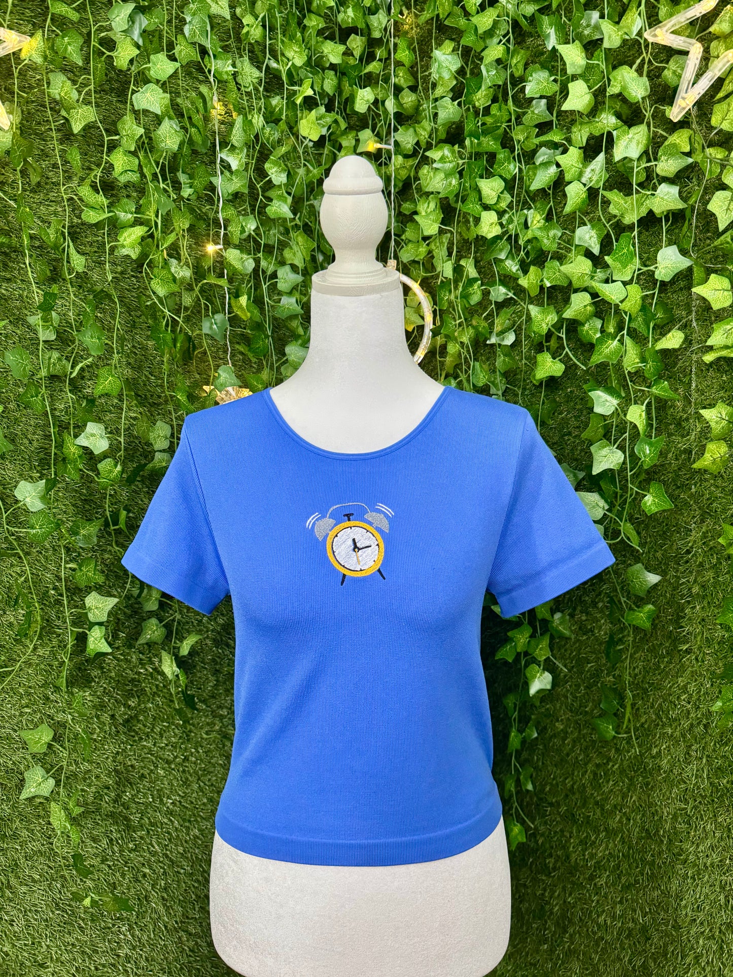 Alarm Clock Blue Ribbed Baby Tee L
