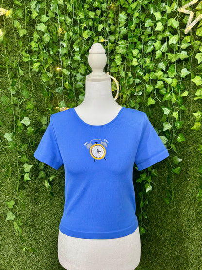 Alarm Clock Blue Ribbed Baby Tee L